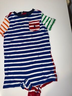 Ralph Lauren Red & White Striped Snap Romper with Navy Trim